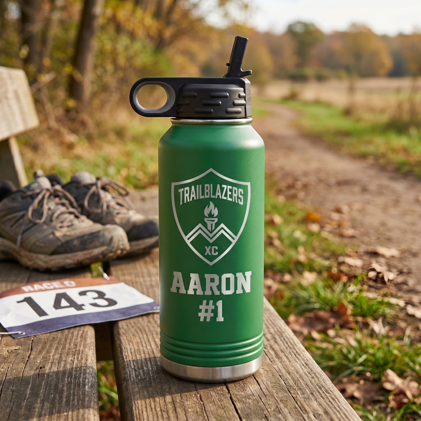 green 32oz water bottle personalized cross country runner name engraved stainless steel