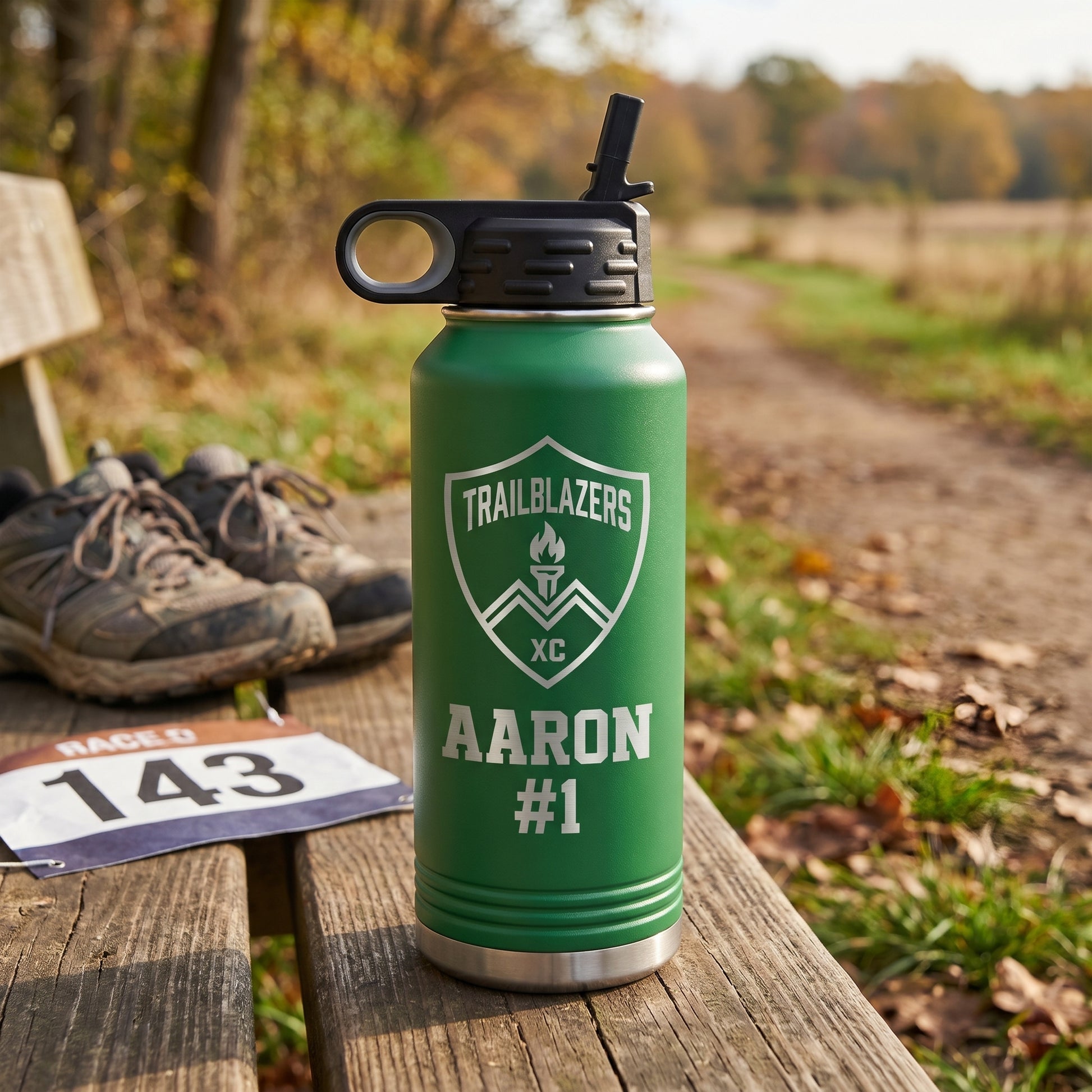 green 32oz water bottle personalized cross country runner name engraved stainless steel