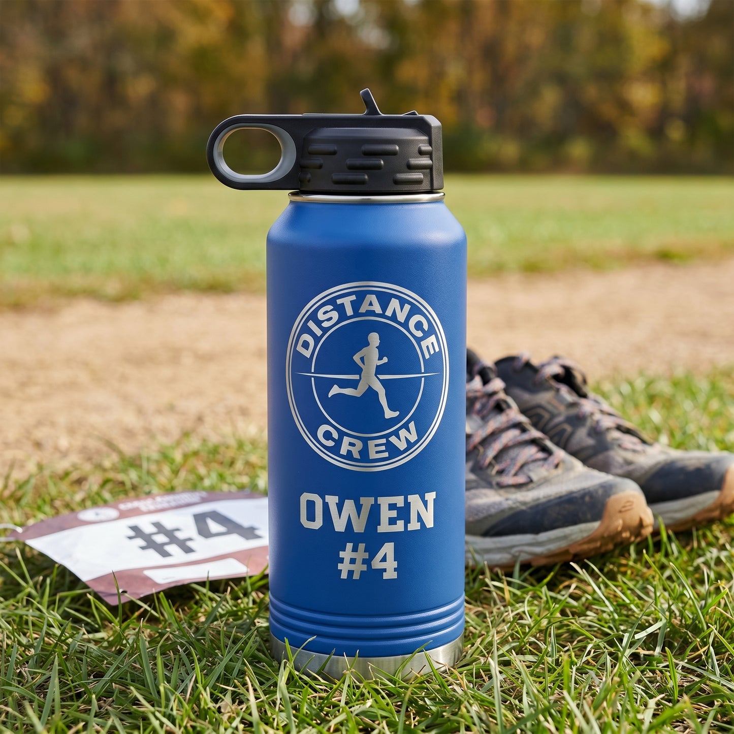 royal blue 32oz cross country team water bottle custom engraved with runner bib number