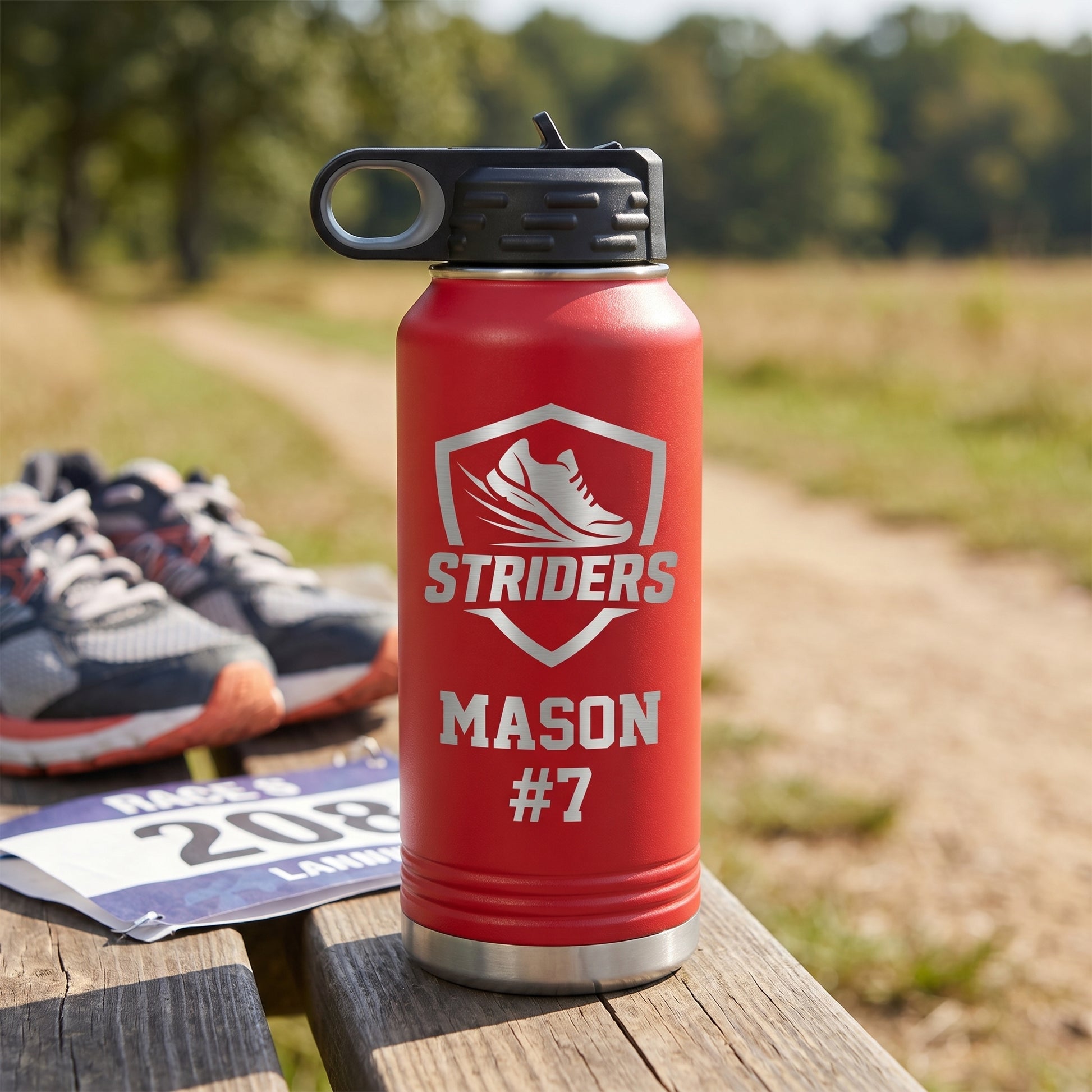 red 32oz engraved cross country water bottle with team crest and runner name