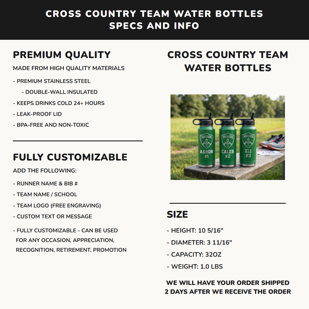32oz cross country team water bottle specifications premium stainless steel laser engraved