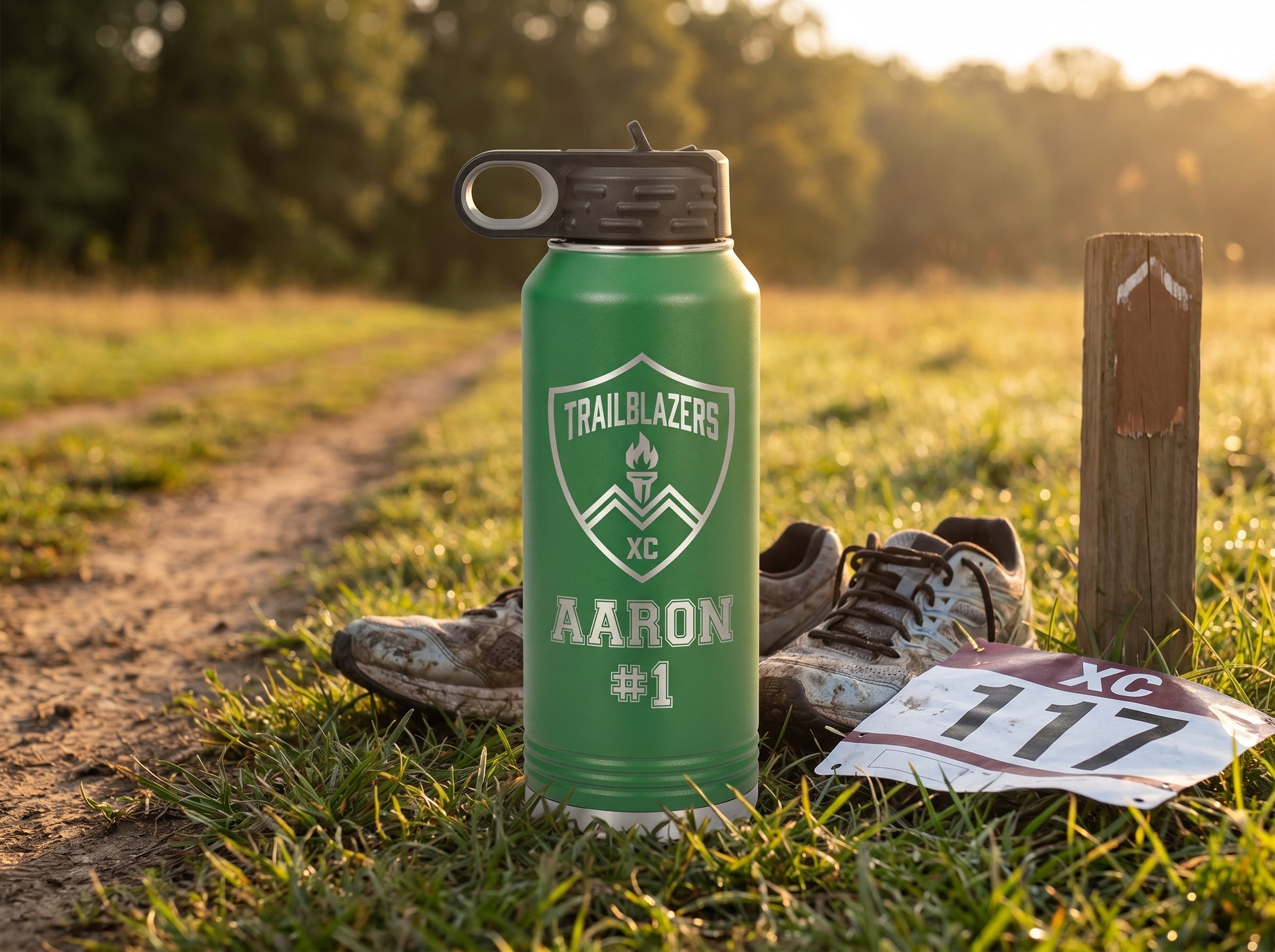 cross country team water bottle on grass at edge of XC trail with running shoes and race bib golden hour
