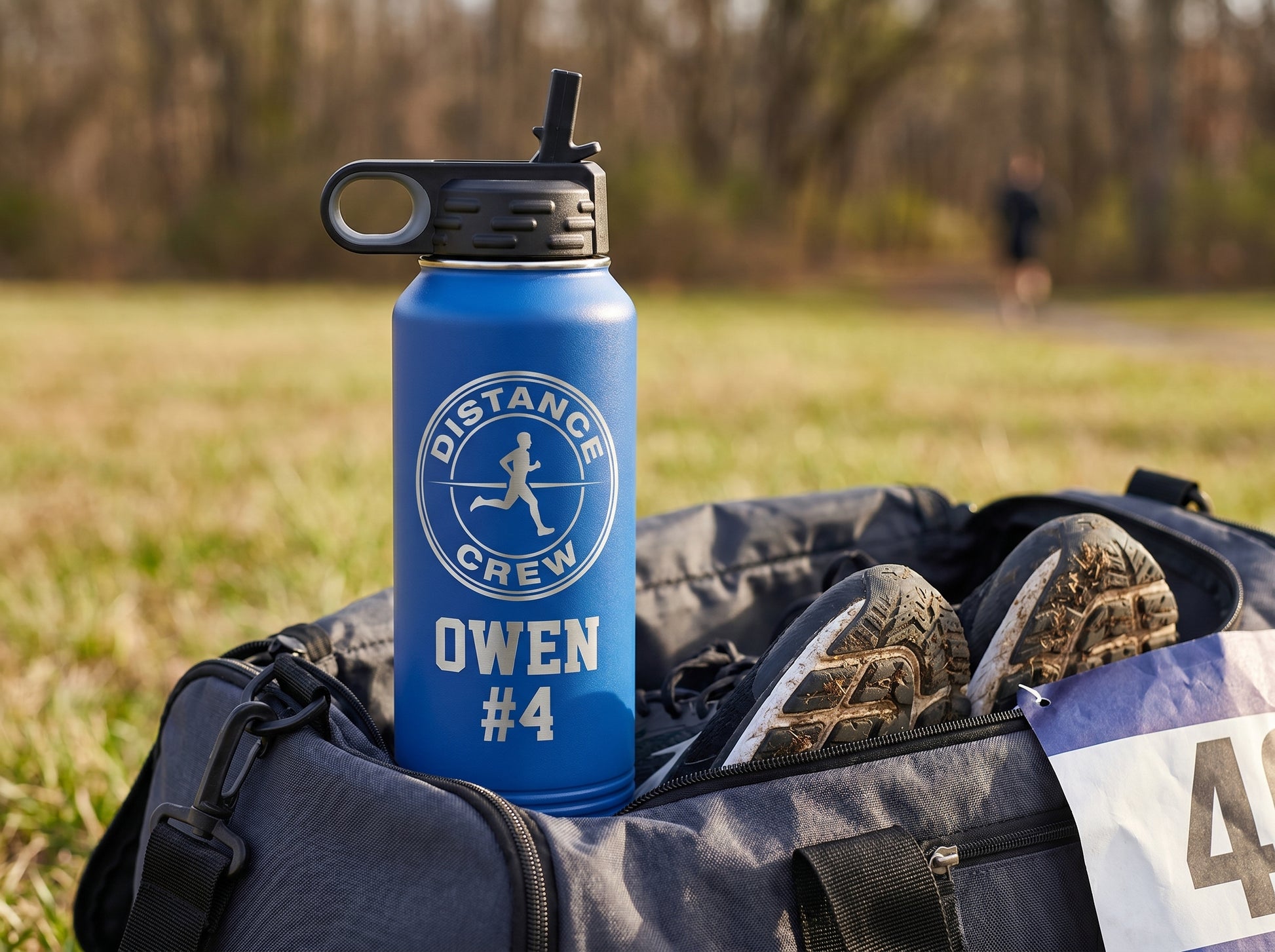 royal blue cross country team water bottle resting on running gear bag with shoes and race bib at trailhead