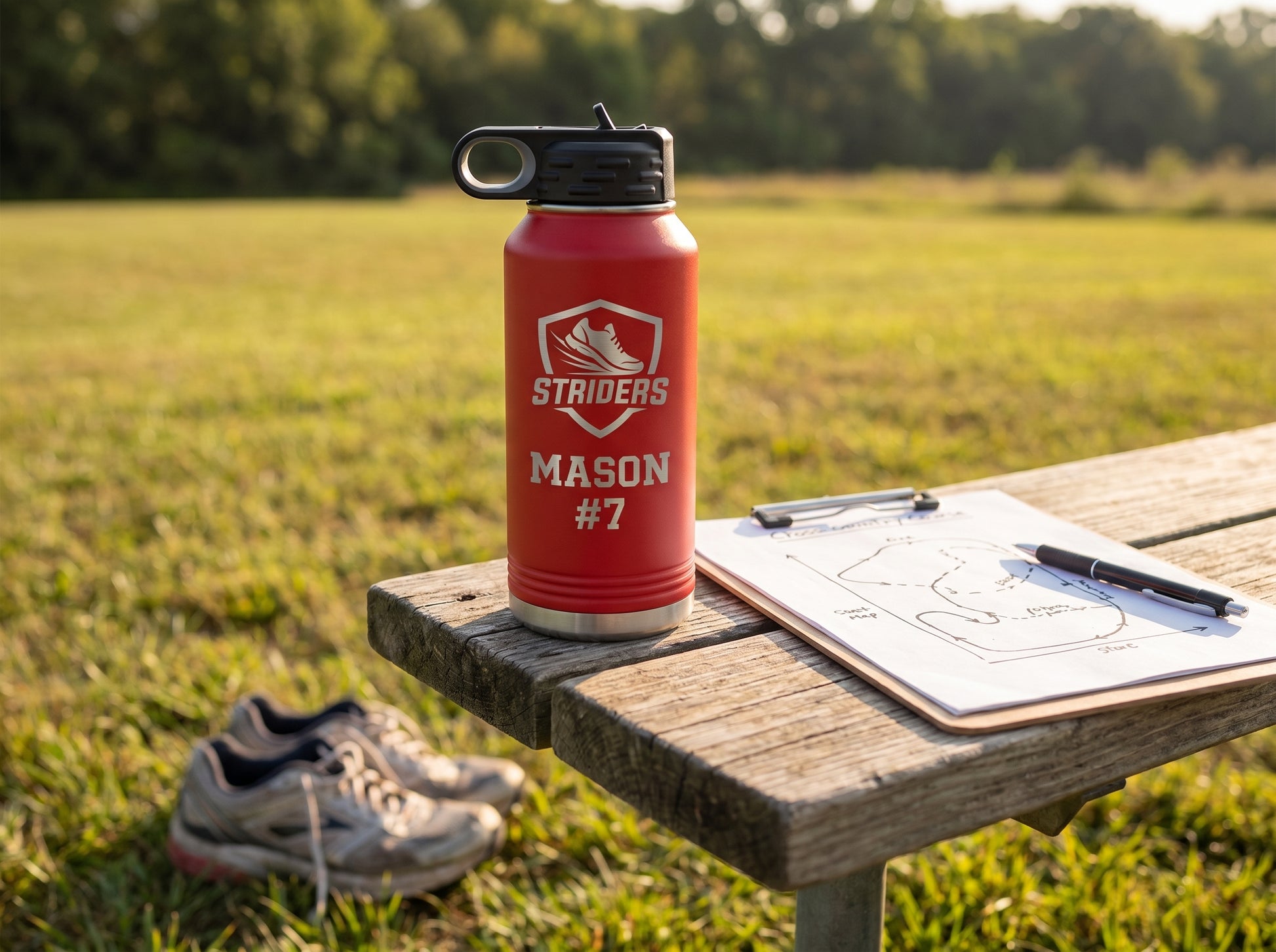 red engraved cross country water bottle next to coaches clipboard with course map on trailhead bench