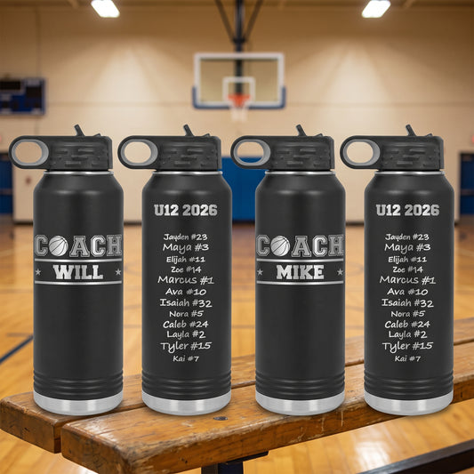 Personalized basketball coach water bottles with the COACH basketball logo and coach name engraved on the front and player signatures on the back