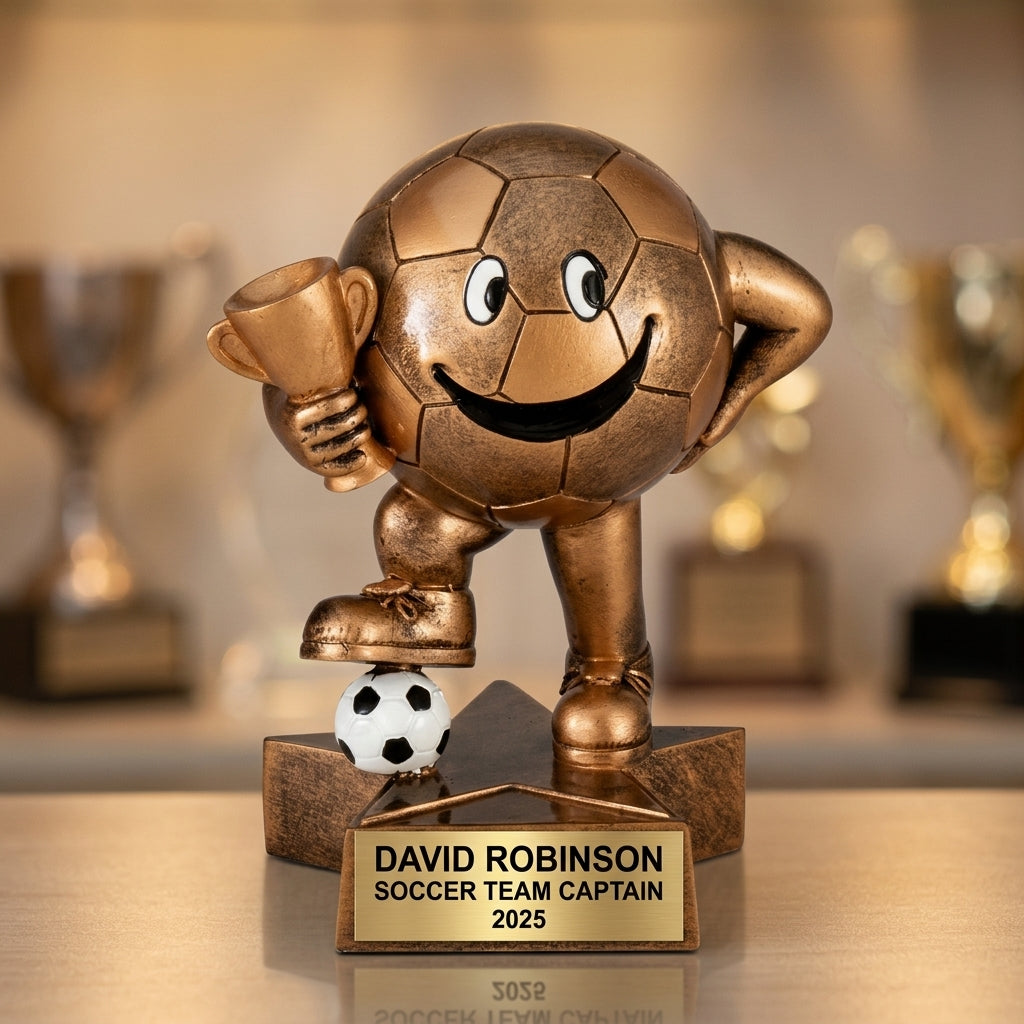 Personalized 7¼-inch soccer trophy with custom laser-engraved gold nameplate on weighted base for awards and recognition