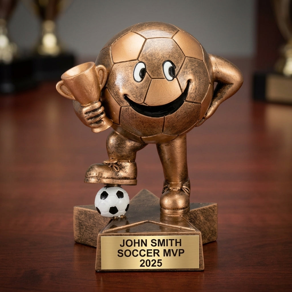 Soccer trophy specifications showing 7¼-inch height, gold finish, resin construction, and personalization options