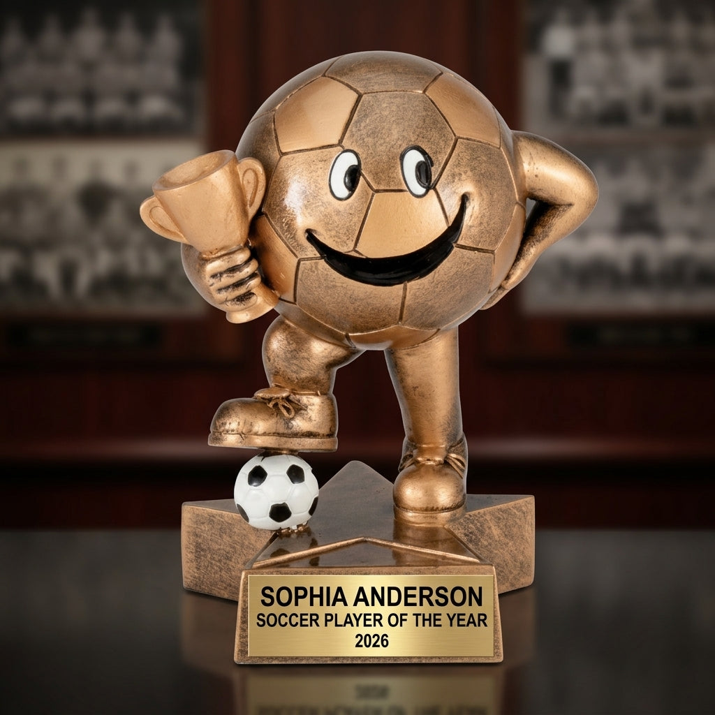 Soccer trophy banquet display with multiple personalized awards featuring custom laser engraving