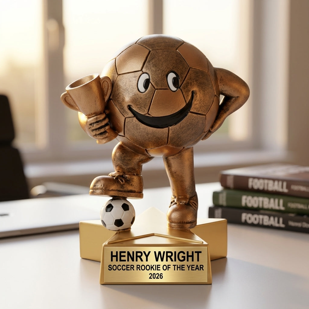 Close-up of laser-engraved gold nameplate on personalized soccer trophy showing custom name, achievement, and year