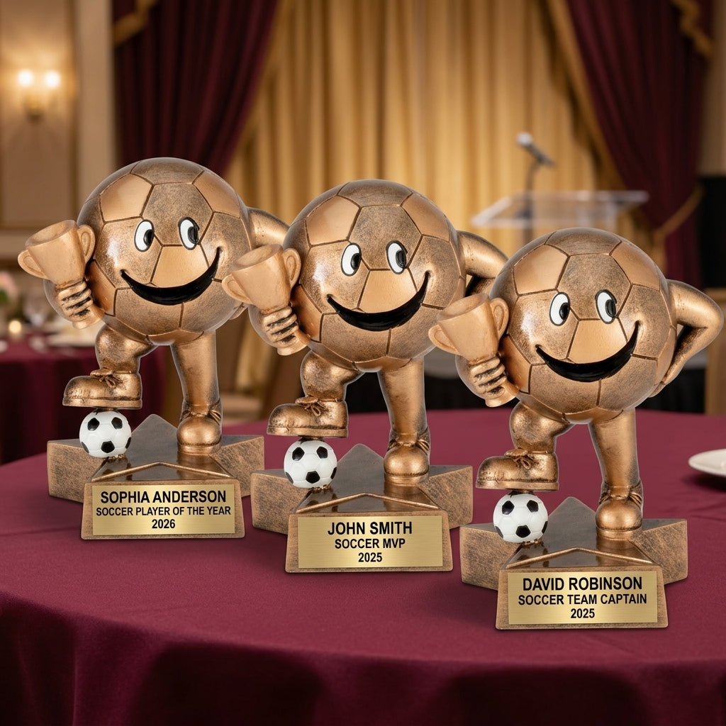Customer reviews for Wood Unlimited personalized soccer trophies with 5-star ratings and trust badges