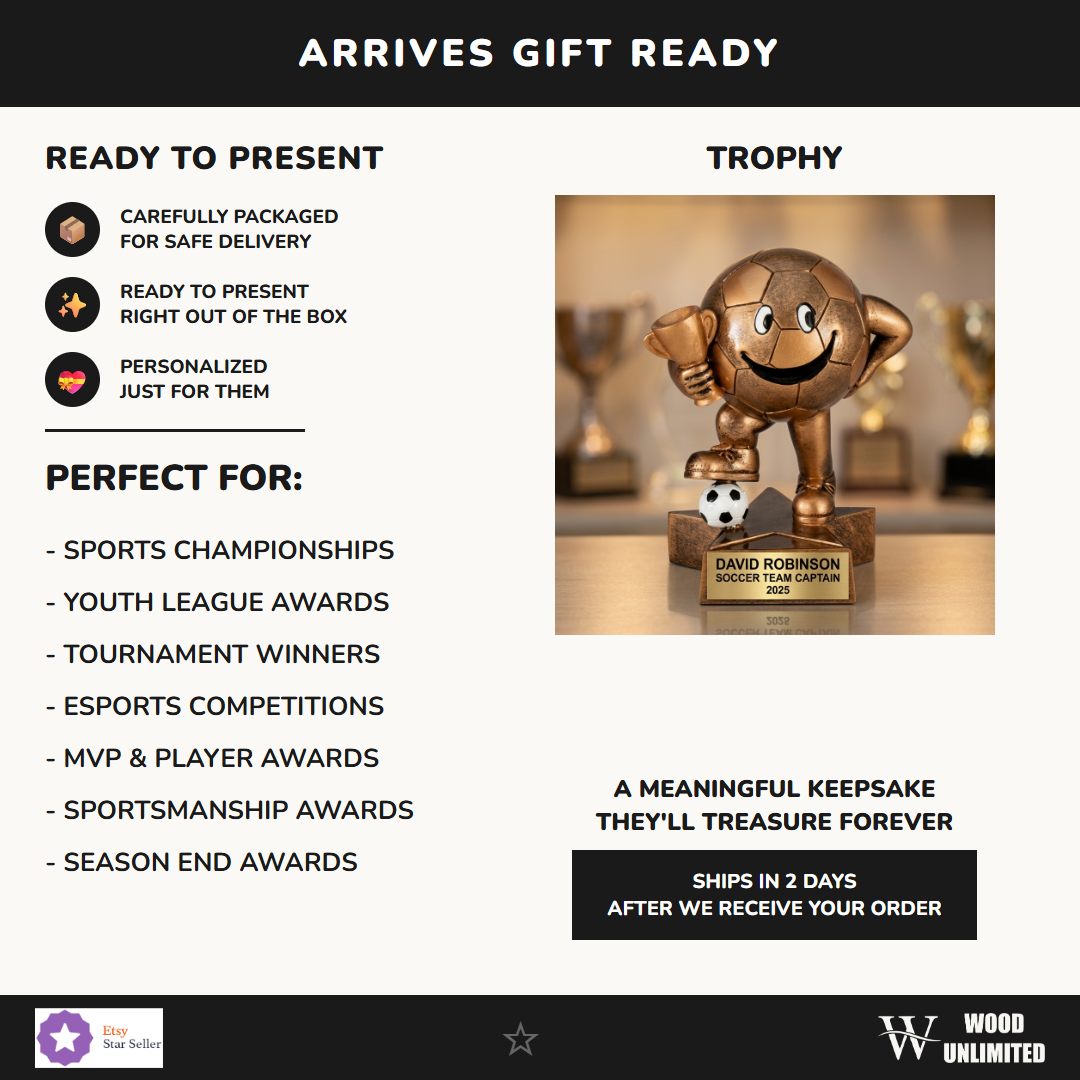 Personalized soccer trophy ideal for tournament champions, MVP recognition, and school athletics