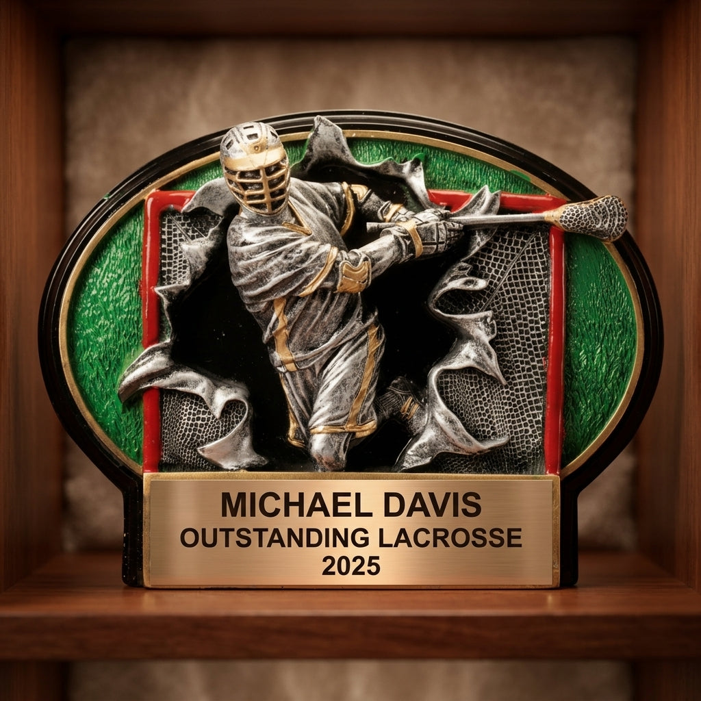 Lacrosse Trophy Award | Personalized | Custom Engraved | Lacrosse MVP | Bronze Name Plate | Wood Unlimited - View 1