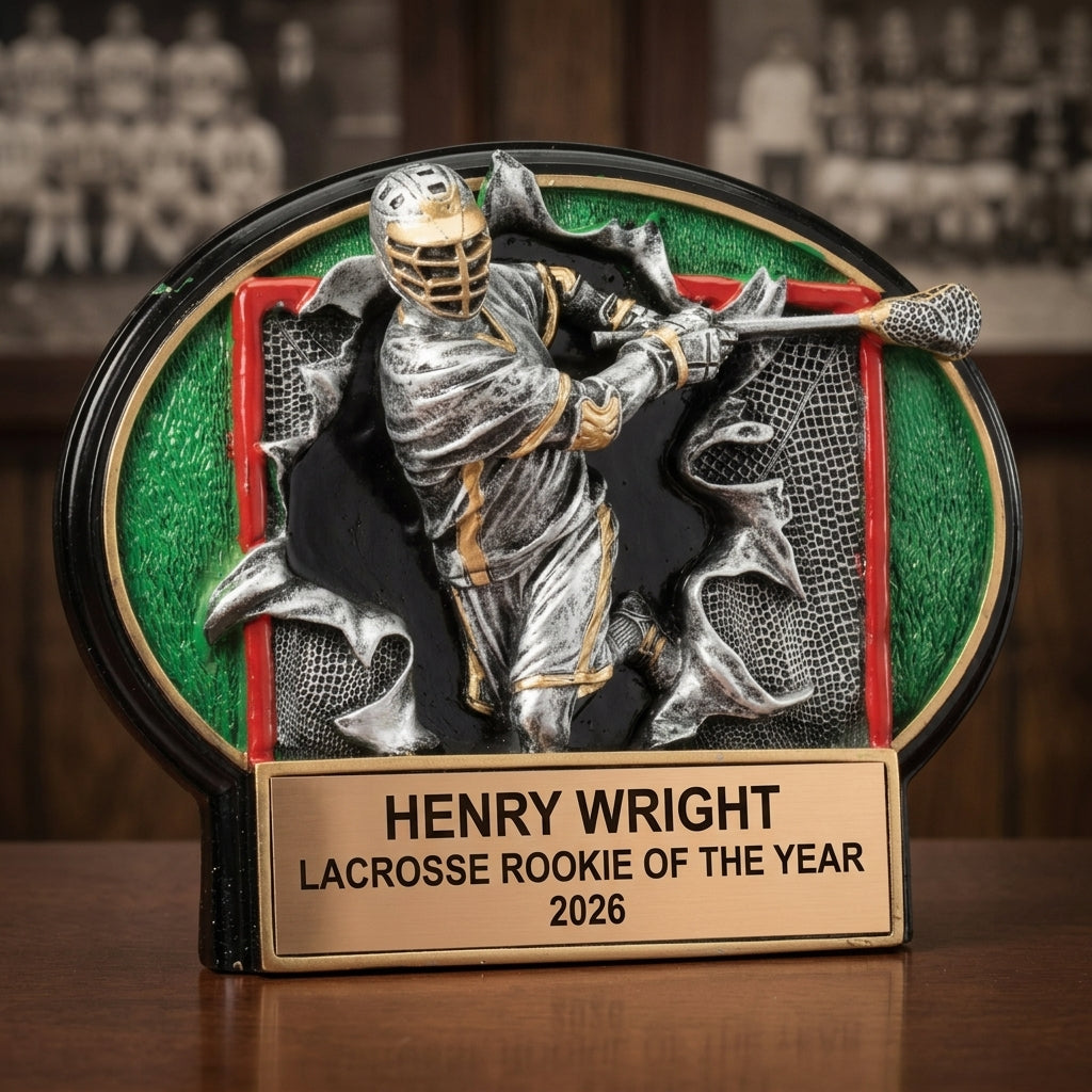 Lacrosse Trophy Award | Personalized | Custom Engraved | Lacrosse MVP | Bronze Name Plate | Wood Unlimited - View 3