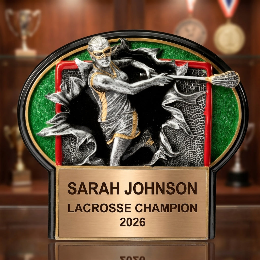 Lacrosse Trophy Award | Personalized | Custom Engraved | Lacrosse MVP | Bronze Name Plate | Wood Unlimited - View 1
