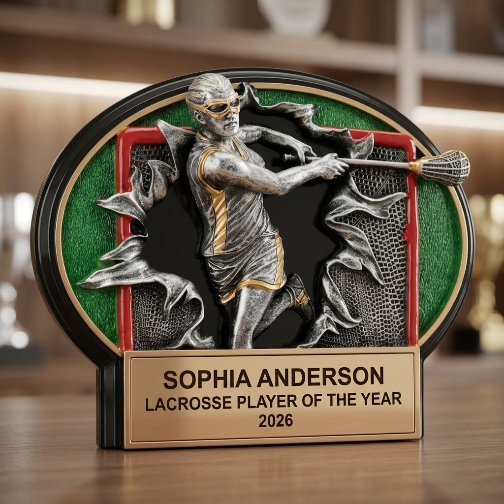 Lacrosse Trophy Award | Personalized | Custom Engraved | Lacrosse MVP | Bronze Name Plate | Wood Unlimited - View 4