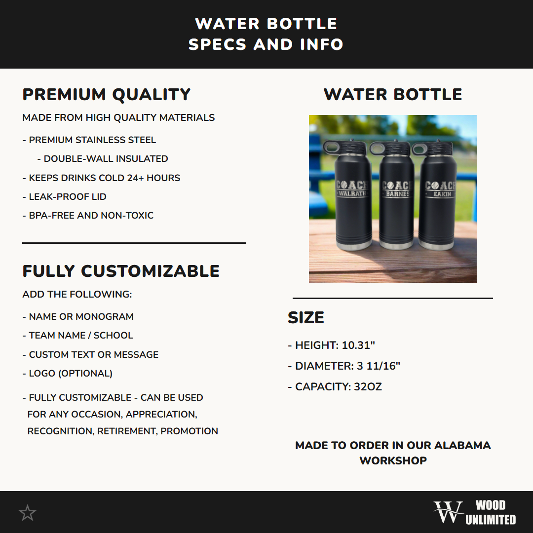 Personalized Baseball Water Bottles - Custom Engraved 32oz Stainless Steel Bottle for Baseball Players and Baseball Coaches