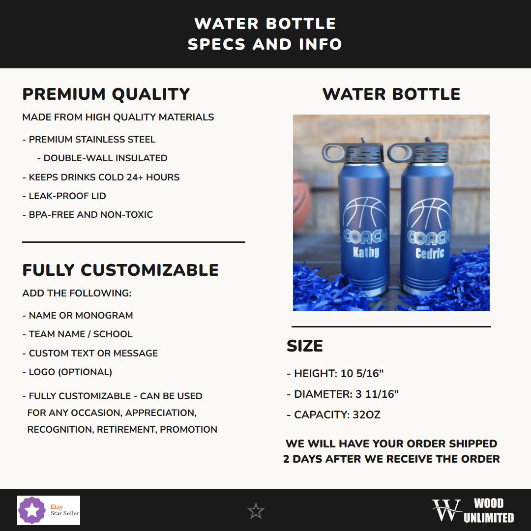 Personalized Basketball Water Bottles - Custom Engraved 32oz Stainless Steel Bottle, Personalized Coach Gift, Retro Design...