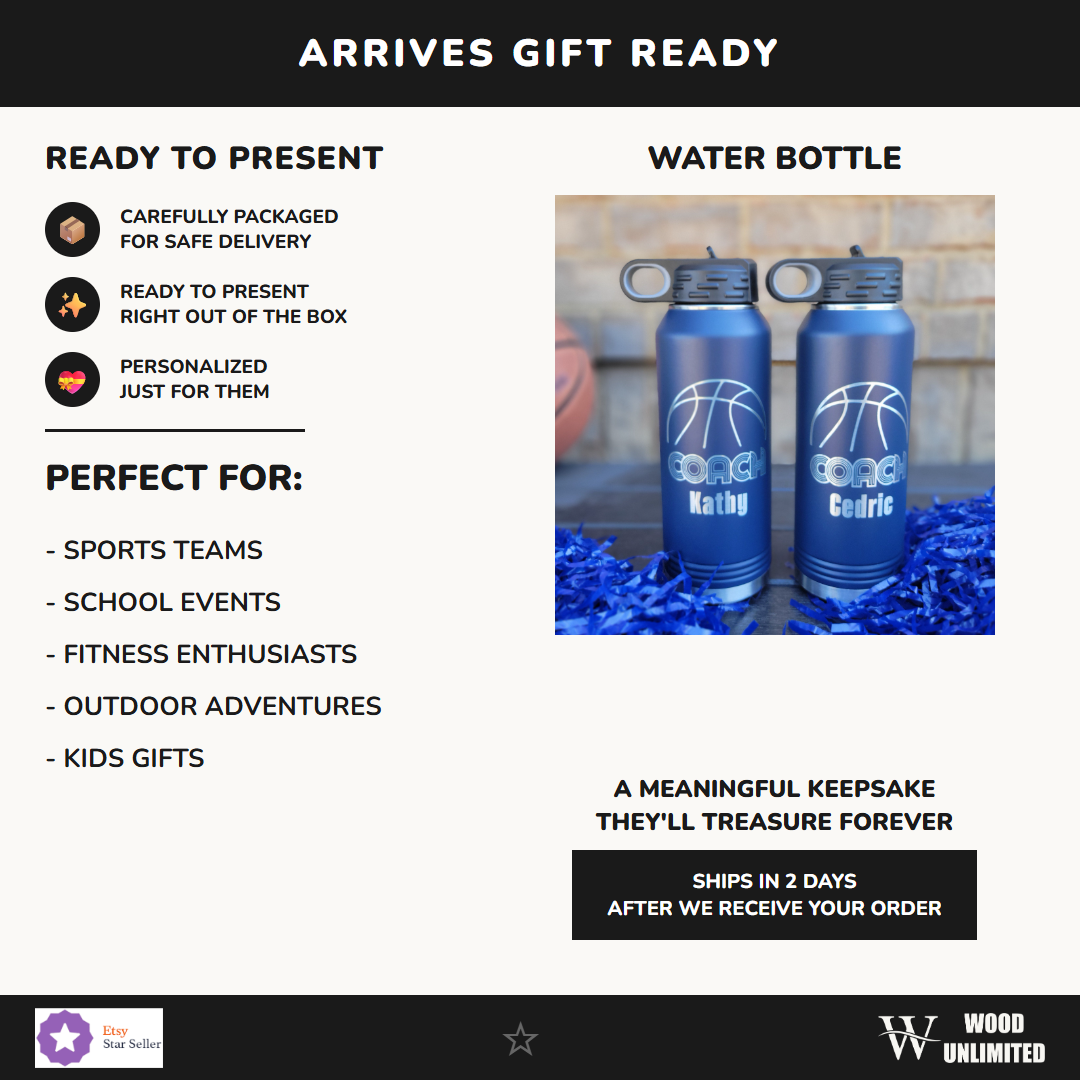 Personalized Basketball Water Bottles - Custom Engraved 32oz Stainless Steel Bottle, Personalized Coach Gift, Retro Design...