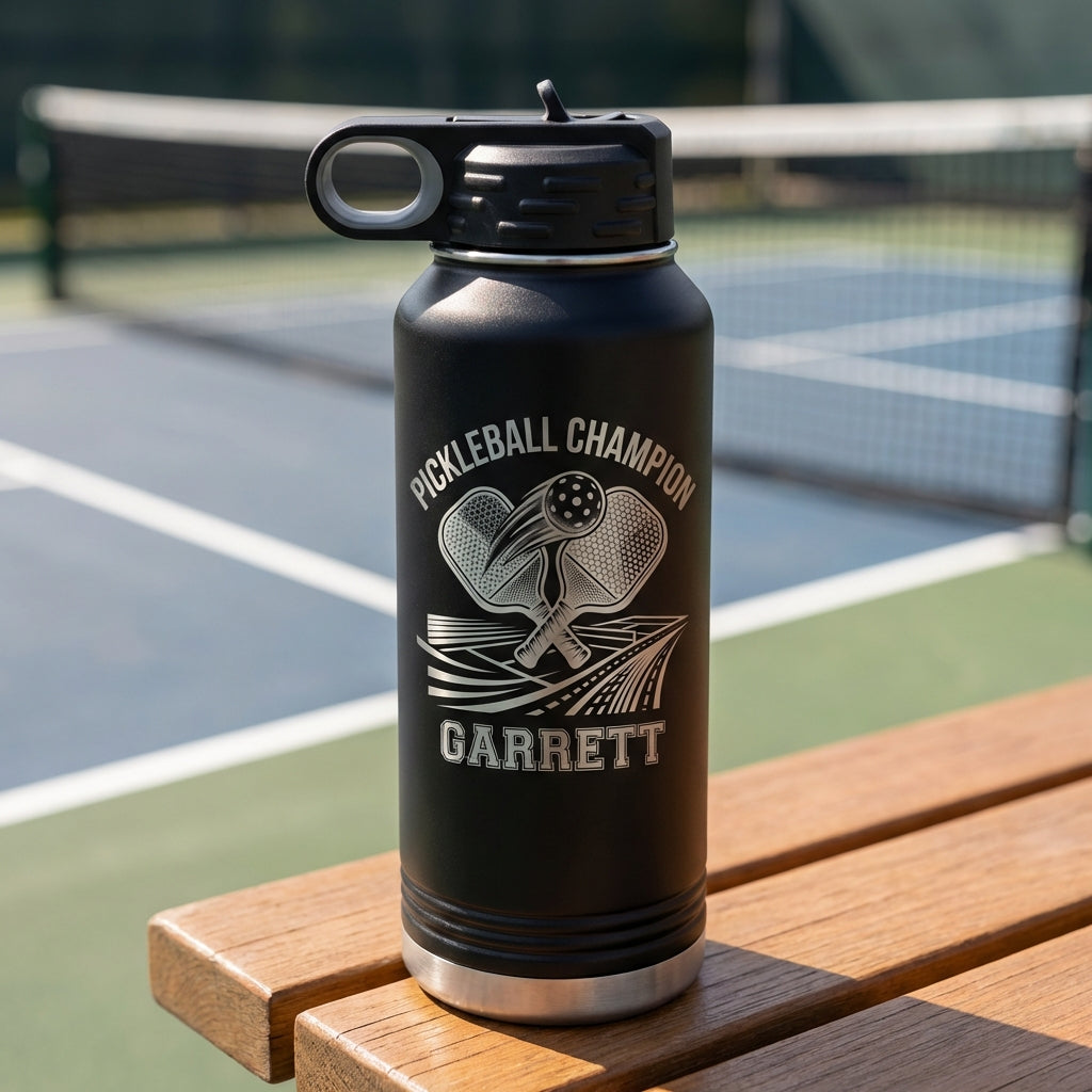 Personalized Pickleball Gift Water Bottle - Champion - Sporty Design - Custom Name - View 1