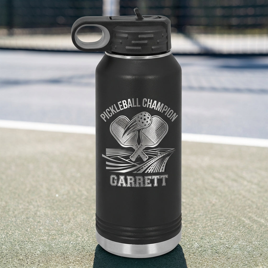 Personalized Pickleball Gift Water Bottle - Champion - Sporty Design - Custom Name - View 2