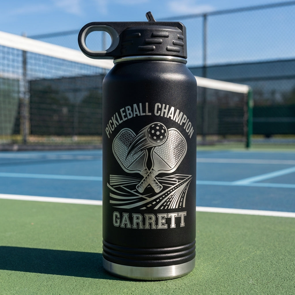 Personalized Pickleball Gift Water Bottle - Champion - Sporty Design - Custom Name - View 3