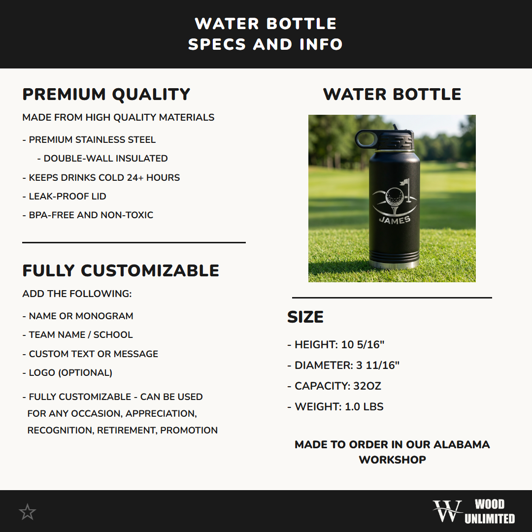 Personalized Golf Water Bottle, Golfer Gift, Custom Laser Engraved Sports Bottle, Durable Stainless Steel, Golf Enthusiast Present