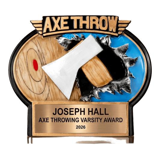 Personalized Axe Throwing award, custom laser engraved on a resin plate for the recipient's name — featuring Engraved axe throwing award, a popular choice for Axe throwing enthusiasts for Axe throwing league championships