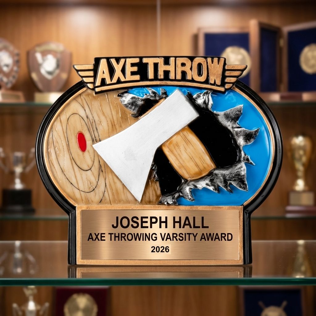 Front view of a personalized Axe Throwing award in resin, custom engraved with the recipient's name and achievement — featuring Customizable axe throwing trophy, a popular choice for Axe throwing league members for Axe throwing tournaments