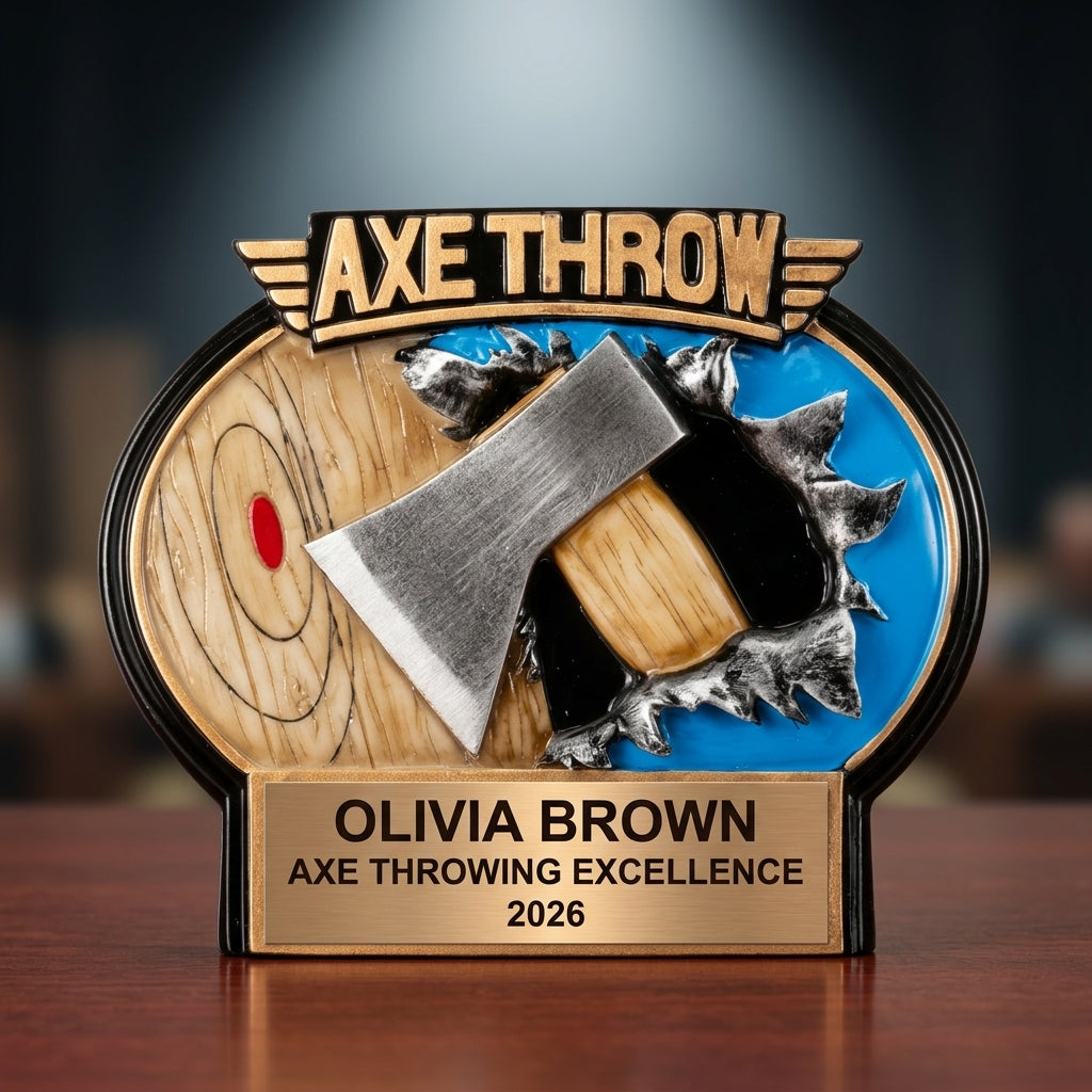 Personalized Axe Throwing award angled view showing the resin finish and custom engraving detail — featuring Axe throwing league champion award, a popular choice for Axe throwing competition organizers for Corporate axe throwing events