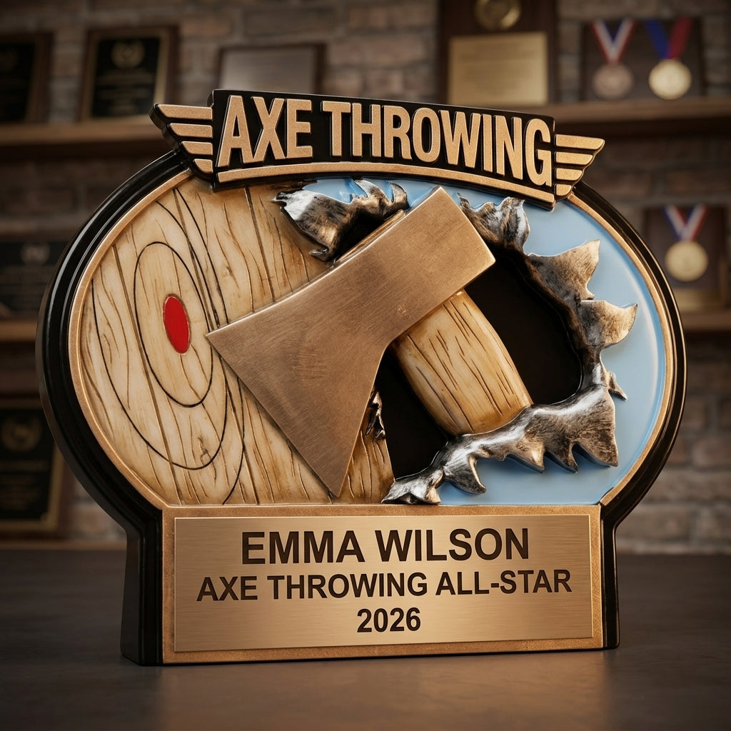 Close-up of the custom engraved name plate on a personalized Axe Throwing award (resin) — featuring Corporate axe throwing event trophy, a popular choice for Corporate team building event planners for Team building activities