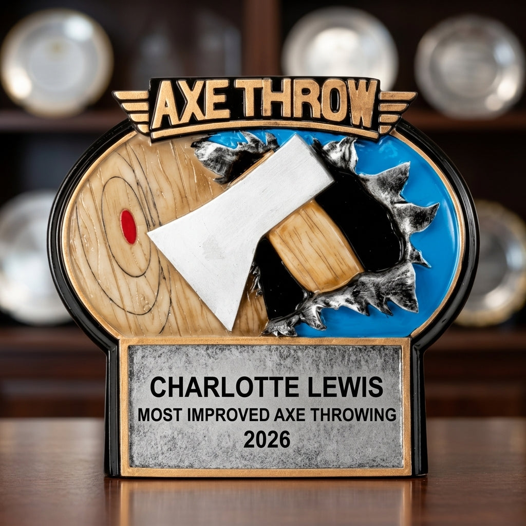 Personalized Axe Throwing award styled for gifting, custom laser engraved in resin — featuring Personalized axe thrower gift, a popular choice for Recreational axe throwers for Bachelor/Bachelorette parties with axe throwing