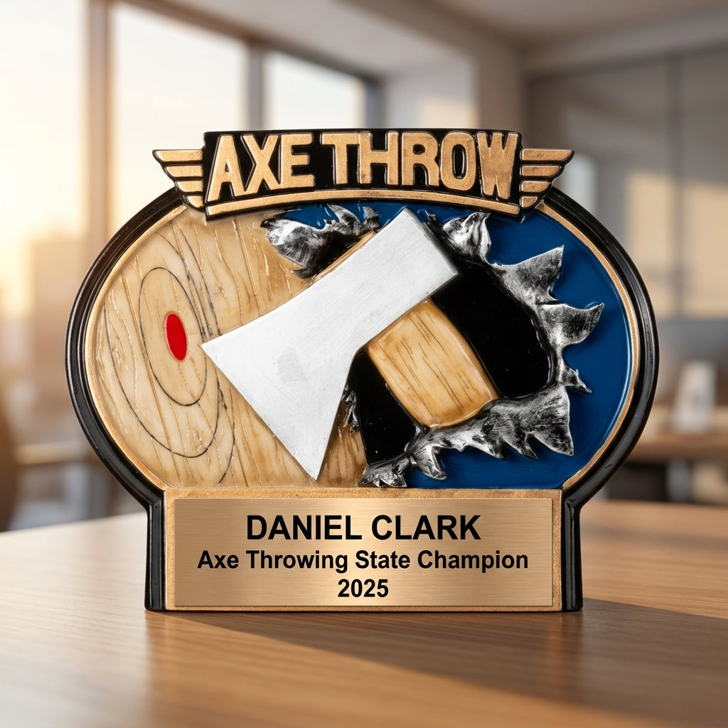 Personalized Axe Throwing award additional detail view, this award features a dynamic design of an axe deeply embedded in a wooden target, symbolizing success and precision in axe throwing competitions, engraved in resin — featuring Best axe thrower award plaque, a popular choice for Bar/venue owners with axe throwing lanes for Personal achievement recognition