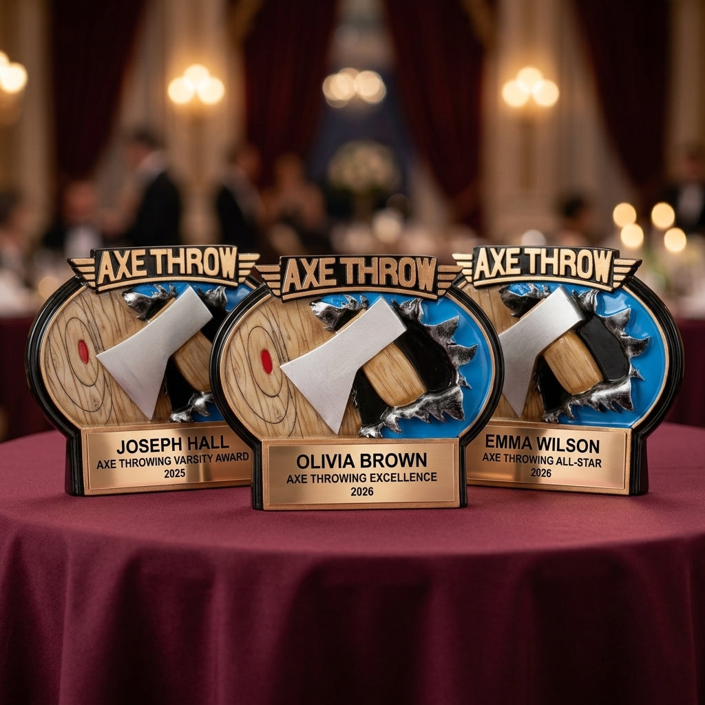 Multiple personalized Axe Throwing awards displayed together for a banquet or team order, each custom engraved in resin — featuring Hatchet throwing competition award, a popular choice for Axe throwing enthusiasts for Axe throwing competitions