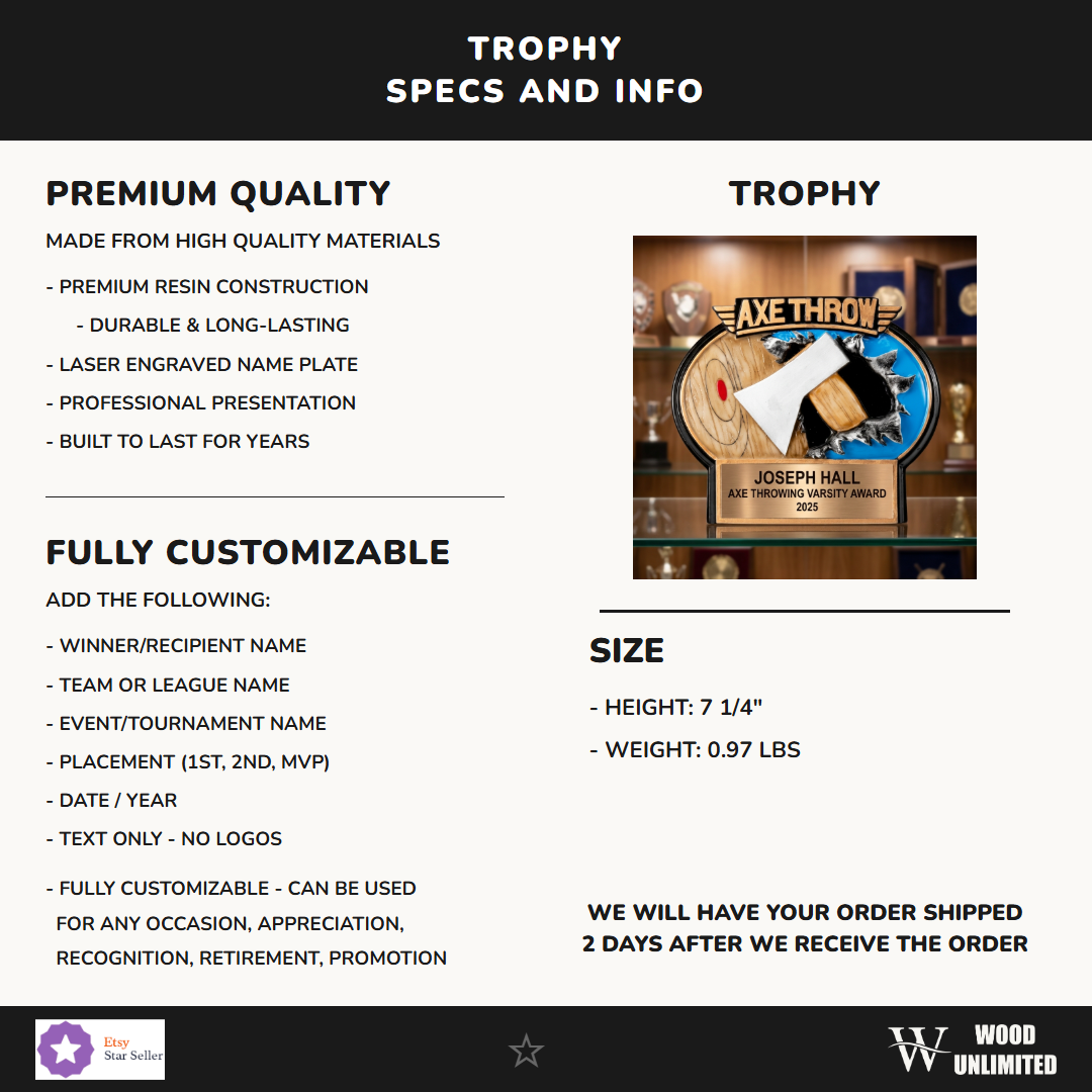 Axe Throwing award size, resin material, and personalization specification chart for custom engraving orders — featuring Customizable axe throwing trophy, a popular choice for Axe throwing competition organizers for Axe throwing tournaments