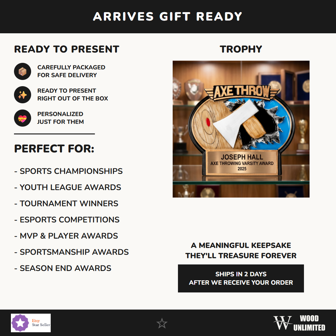 Gift-ready presentation of a personalized Axe Throwing award in resin, ready to ship for recognition gifting — featuring Customizable axe throwing trophy, a popular choice for Corporate team building event planners for Axe throwing tournaments