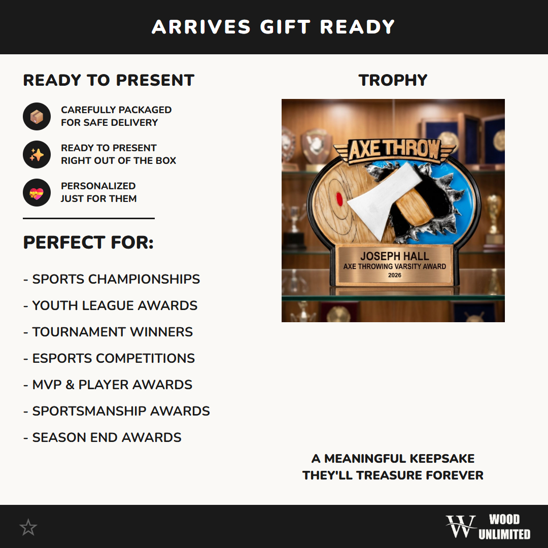Gift-ready presentation of a personalized Axe Throwing award in resin, ready to ship for recognition gifting, formatted for Amazon shoppers — featuring Engraved axe throwing award, a popular choice for Axe throwing competition organizers for Axe throwing league championships