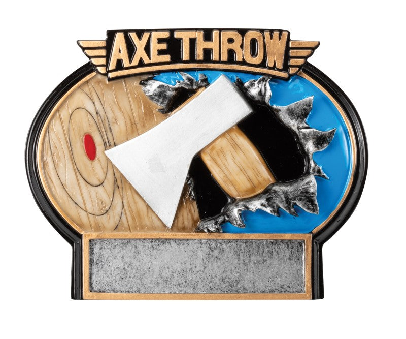 Manufacturer reference photo of the Axe Throwing award blank in resin before custom engraving — featuring Corporate axe throwing event trophy, a popular choice for Bar/venue owners with axe throwing lanes for Team building activities