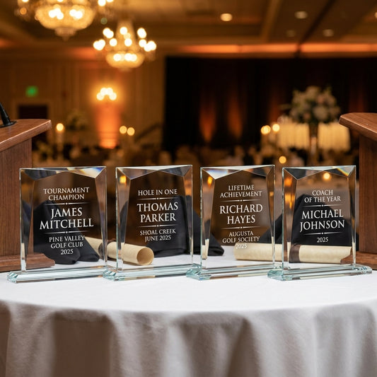 Front view of a personalized Recognition Awards award in optical crystal, custom engraved with the recipient's name and achievement — featuring custom engraved crystal award, a popular choice for Businesses and Corporations for Employee Appreciation Galas