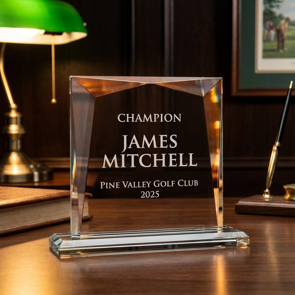 Personalized Recognition Awards award angled view showing the optical crystal finish and custom engraving detail — featuring personalized corporate recognition award, a popular choice for Schools and Universities for Academic Award Ceremonies