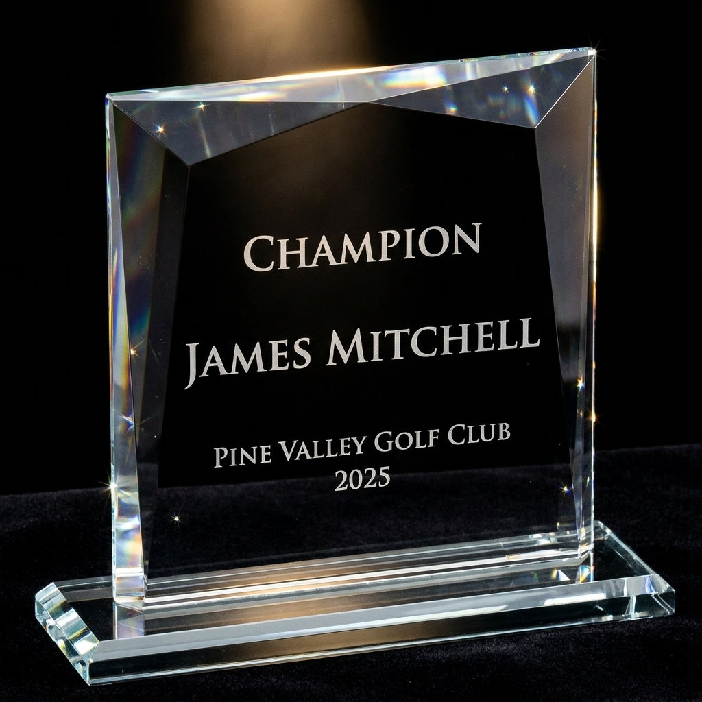 Close-up of the custom engraved name plate on a personalized Recognition Awards award (optical crystal) — featuring faceted crystal achievement trophy, a popular choice for Sports Leagues and Associations for Sports Banquets