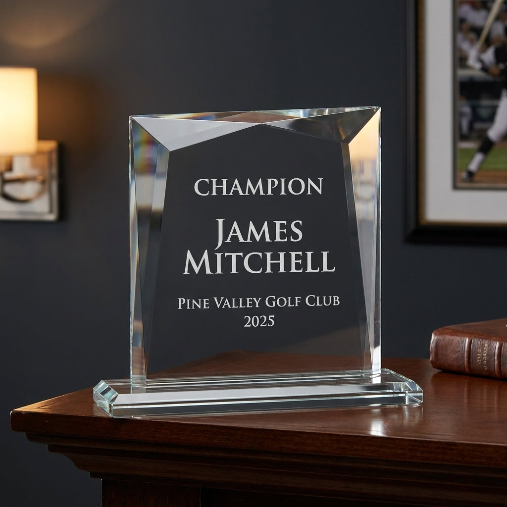 Personalized Recognition Awards award additional detail view, a clear, rectangular crystal award featuring elegant faceted edges and a sturdy base, designed for personalized engraving to commemorate achievements, engraved in optical crystal — featuring employee appreciation crystal plaque, a popular choice for Event Planners for Volunteer Appreciation Events