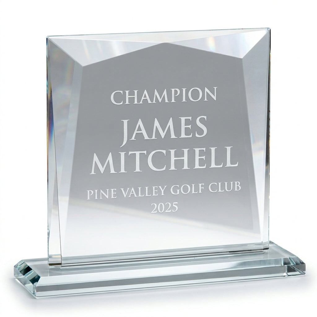 Multiple personalized Recognition Awards awards displayed together for a banquet or team order, each custom engraved in optical crystal — featuring premium glass award with custom text, a popular choice for Government Agencies for Sales Achievement Meetings