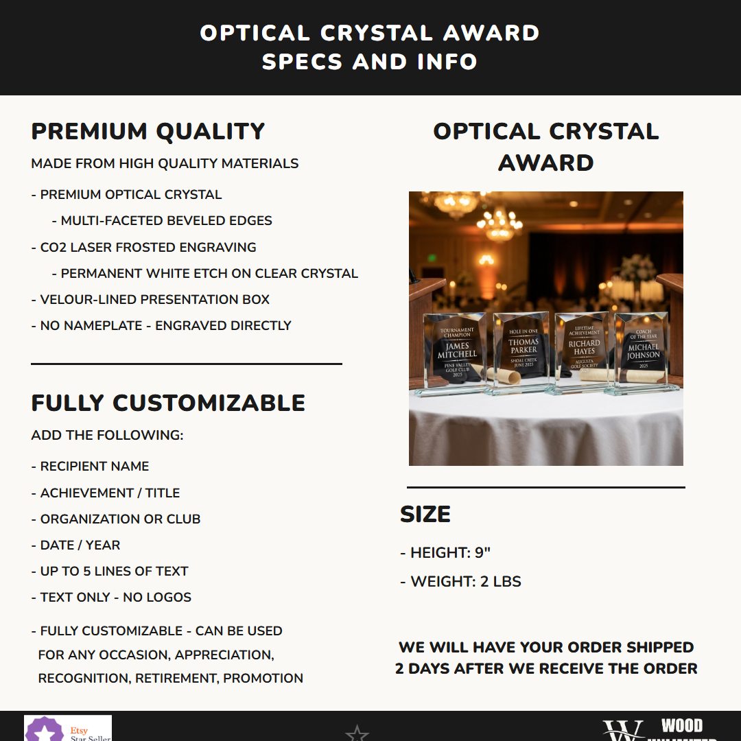 Recognition Awards award size, optical crystal material, and personalization specification chart for custom engraving orders — featuring custom engraved crystal award, a popular choice for Individuals seeking unique gifts for Milestone Anniversaries