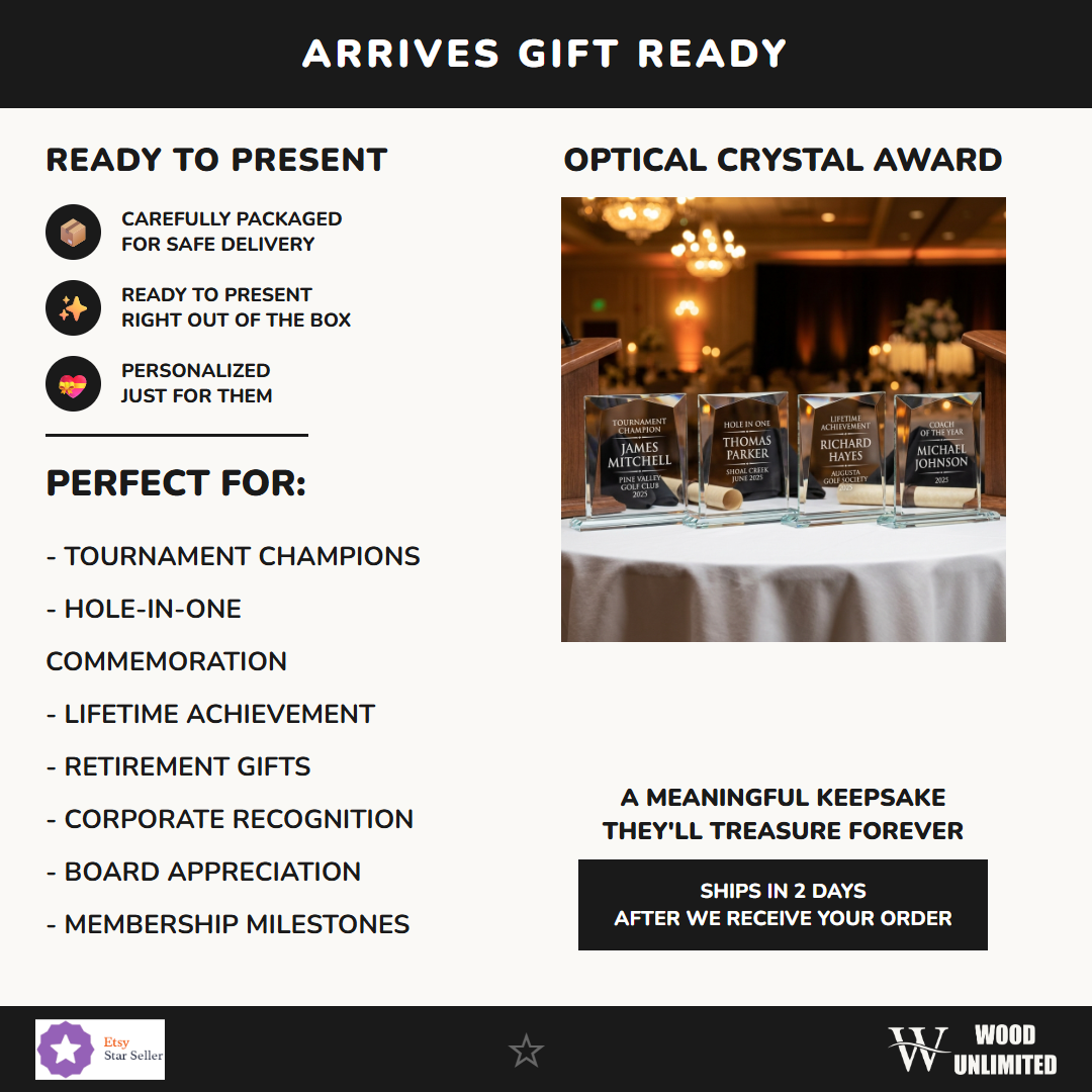 Gift-ready presentation of a personalized Recognition Awards award in optical crystal, ready to ship for recognition gifting — featuring employee appreciation crystal plaque, a popular choice for Non-profit Organizations for Sports Banquets
