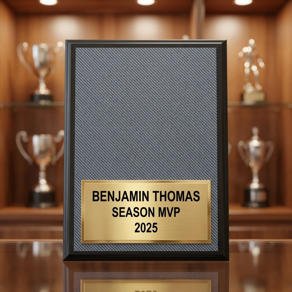 Front view of a personalized Automotive Awards award in carbon fiber, custom engraved with the recipient's name and achievement — featuring Bulk engravable racing plaques, a popular choice for Racing teams for Automotive industry awards