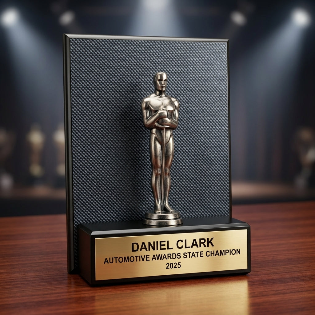 Personalized Automotive Awards award angled view showing the carbon fiber finish and custom engraving detail — featuring Custom tech achievement plaques, a popular choice for Car clubs for Tech innovation ceremonies