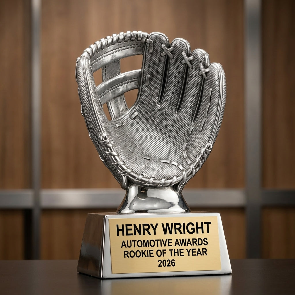 Close-up of the custom engraved name plate on a personalized Automotive Awards award (carbon fiber) — featuring Personalized carbon fiber car awards, a popular choice for Technology companies for Esports tournaments