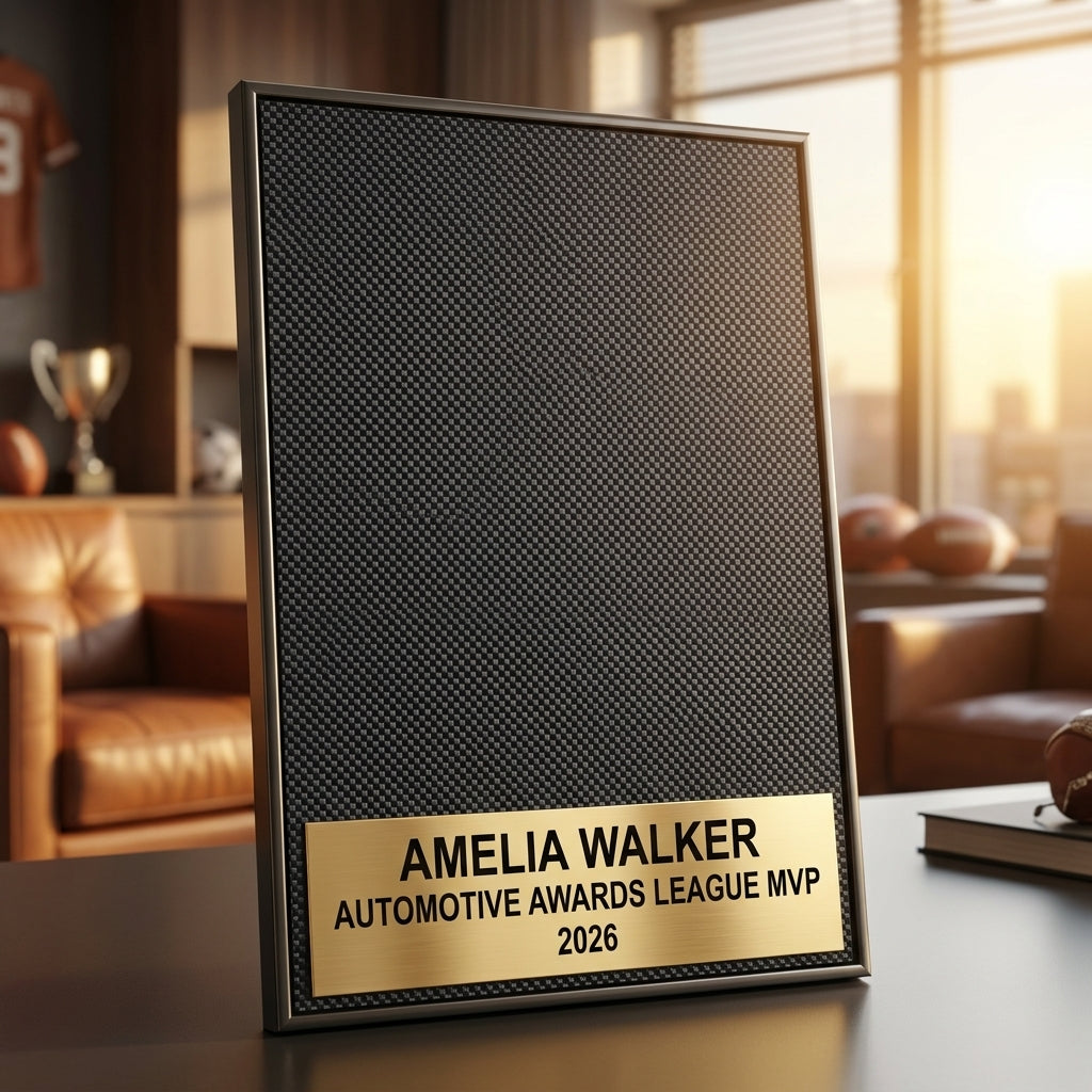 Personalized Automotive Awards award additional detail view, this is a 9x12 inch carbon fiber patterned plaque blank, sold in a 12-pack, ideal for custom engraving and modern recognition awards, engraved in carbon fiber — featuring Employee recognition carbon fiber plaque, a popular choice for Corporate event planners for Employee appreciation banquets