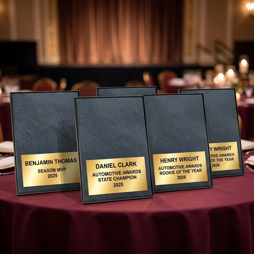 Multiple personalized Automotive Awards awards displayed together for a banquet or team order, each custom engraved in carbon fiber — featuring Laser engravable carbon fiber award, a popular choice for Award shops for STEM competitions