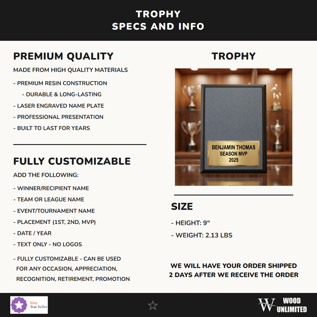 Automotive Awards award size, carbon fiber material, and personalization specification chart for custom engraving orders — featuring Bulk engravable racing plaques, a popular choice for Schools and universities for Racing competitions